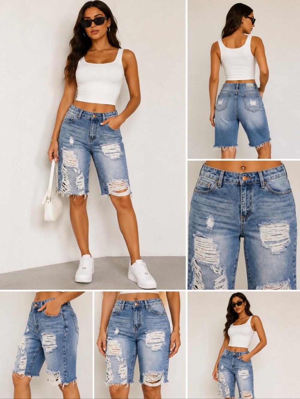 Fashion Nova Distressed Blue Denim Bermuda Shorts Women’s Size 32 Trendy Raw Hem